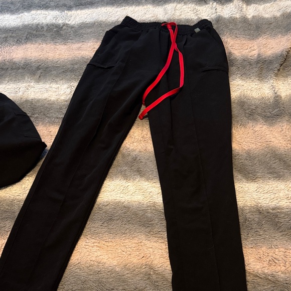 Womens Black scrub Pants with Red Drawstring - Picture 1 of 3